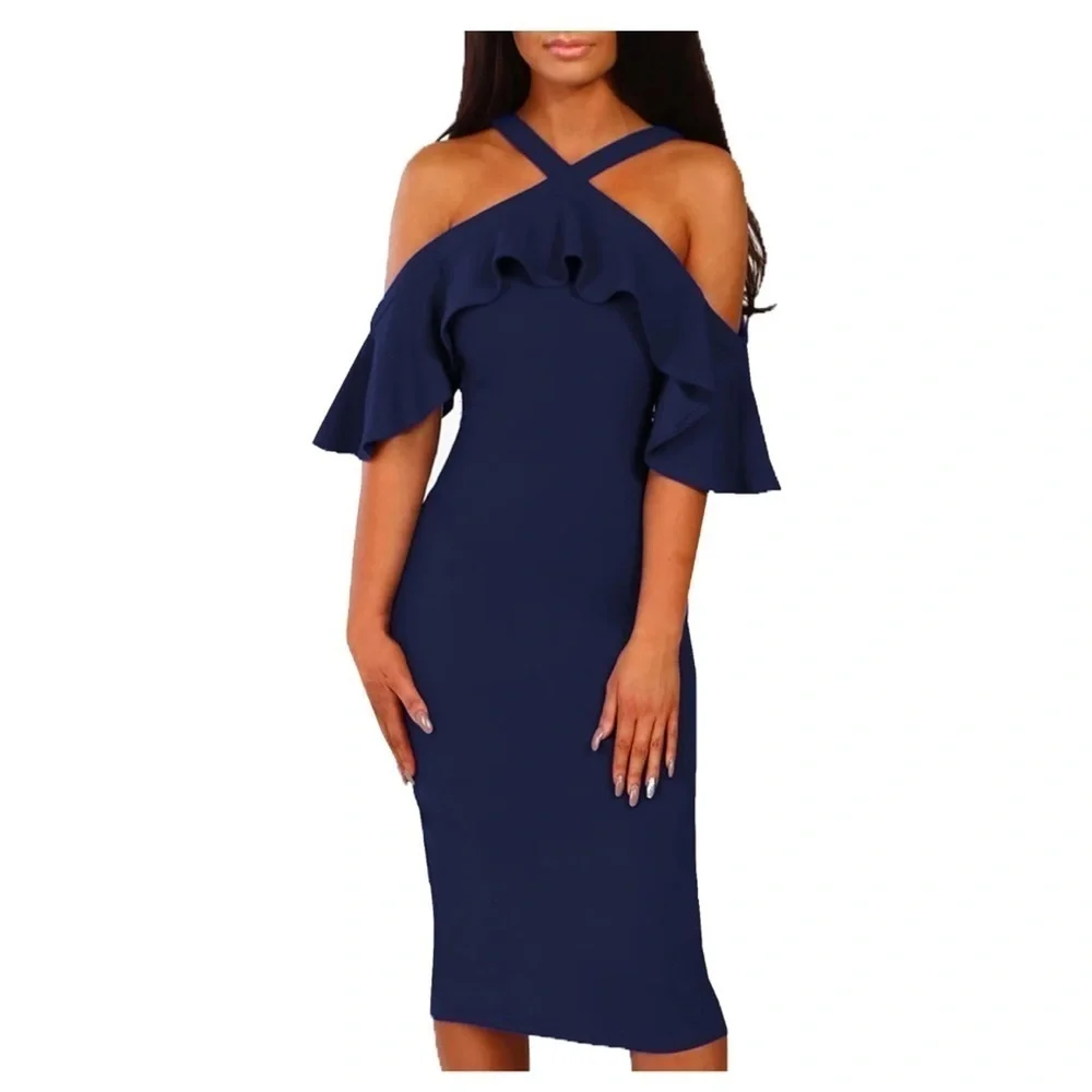 Women’s Black Midi Criss Cross Wedding Guest Cocktail Ruffle Party Dress Large